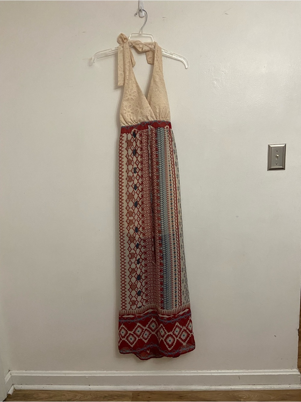 Festival Halter Maxi Dress Red Geometric Print Beige Lace bodice  deep V neck